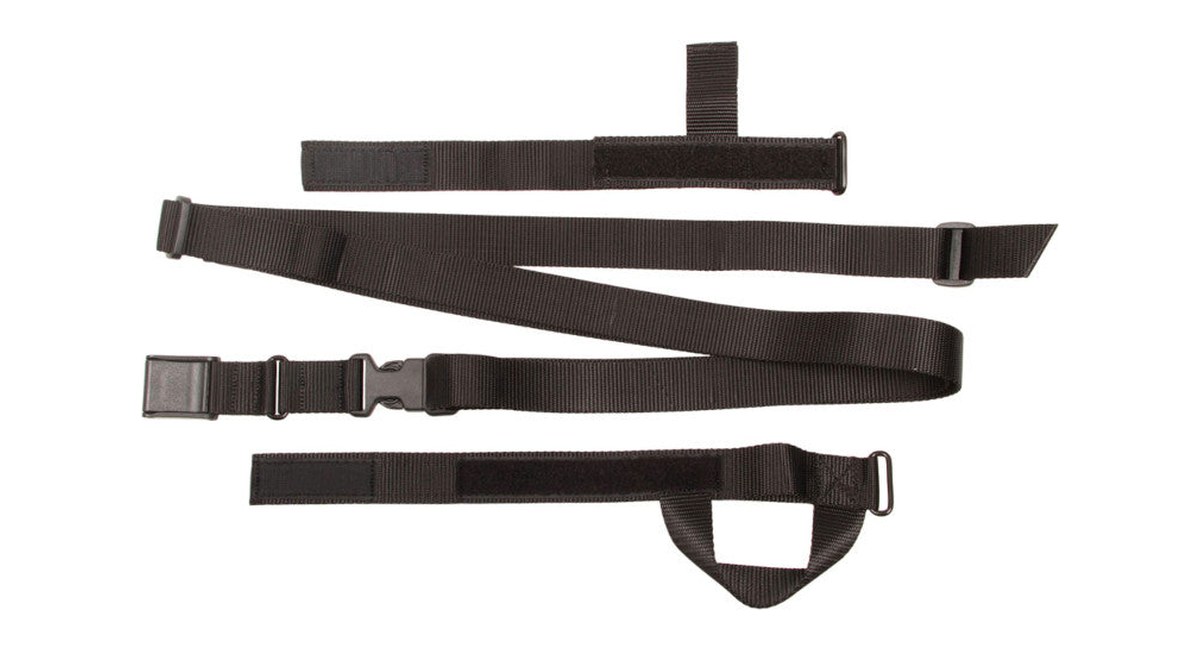 BLACKHAWK Universal SWIFT three-point rifle sling in black nylon webbing, laid out product photo