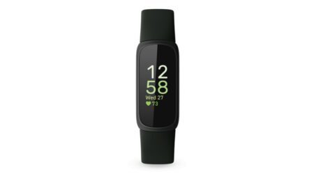 Fitbit Inspire 3 fitness tracker in Midnight Zen black, front product photo showing the clock screen