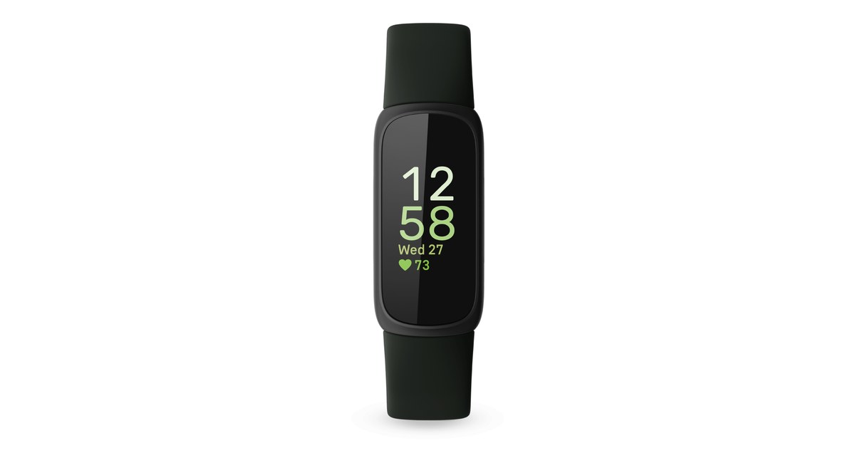 Fitbit Inspire 3 fitness tracker in Midnight Zen black, front product photo showing the clock screen