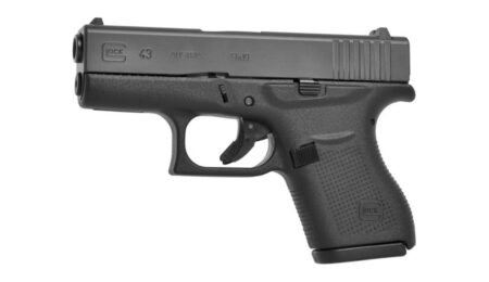 Glock 43 slimline single-stack 9mm pistol in black, left side product photo