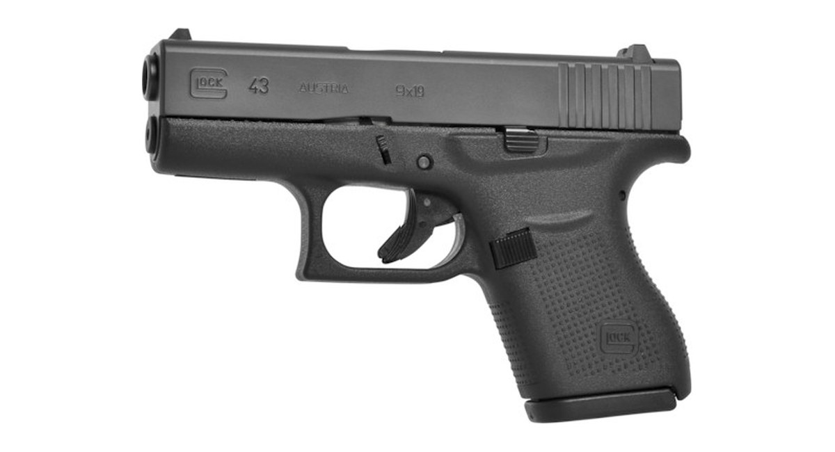 Glock 43 slimline single-stack 9mm pistol in black, left side product photo