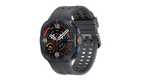 Samsung Galaxy Watch Ultra2 in Titanium Gray with a black band, angled front view