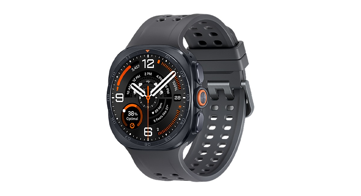 Samsung Galaxy Watch Ultra2 in Titanium Gray with a black band, angled front view
